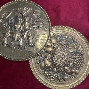 Vintage Brass Wall Plaques with Fruit and Figures
